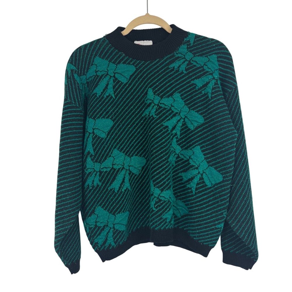 Vintage Teasers Women's Green Bow Print Striped Crewneck Sweater Ugly Christmas